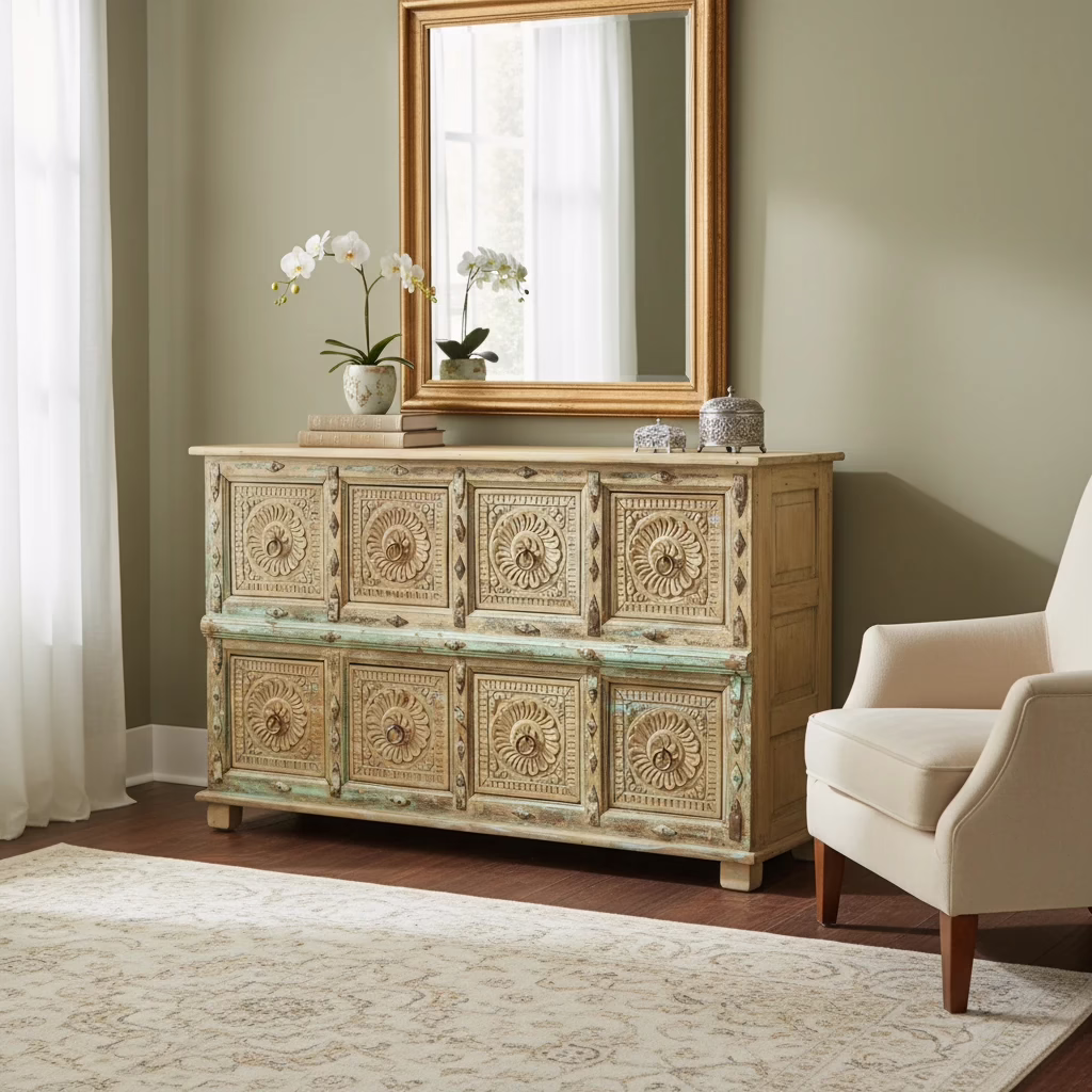 Artisan Hand Carved Reclaimed Wood 8-Drawer Sideboard, PX 28 10 Carved reclaimed wood sideboard beneath a mirror with chair and neutral furnishings