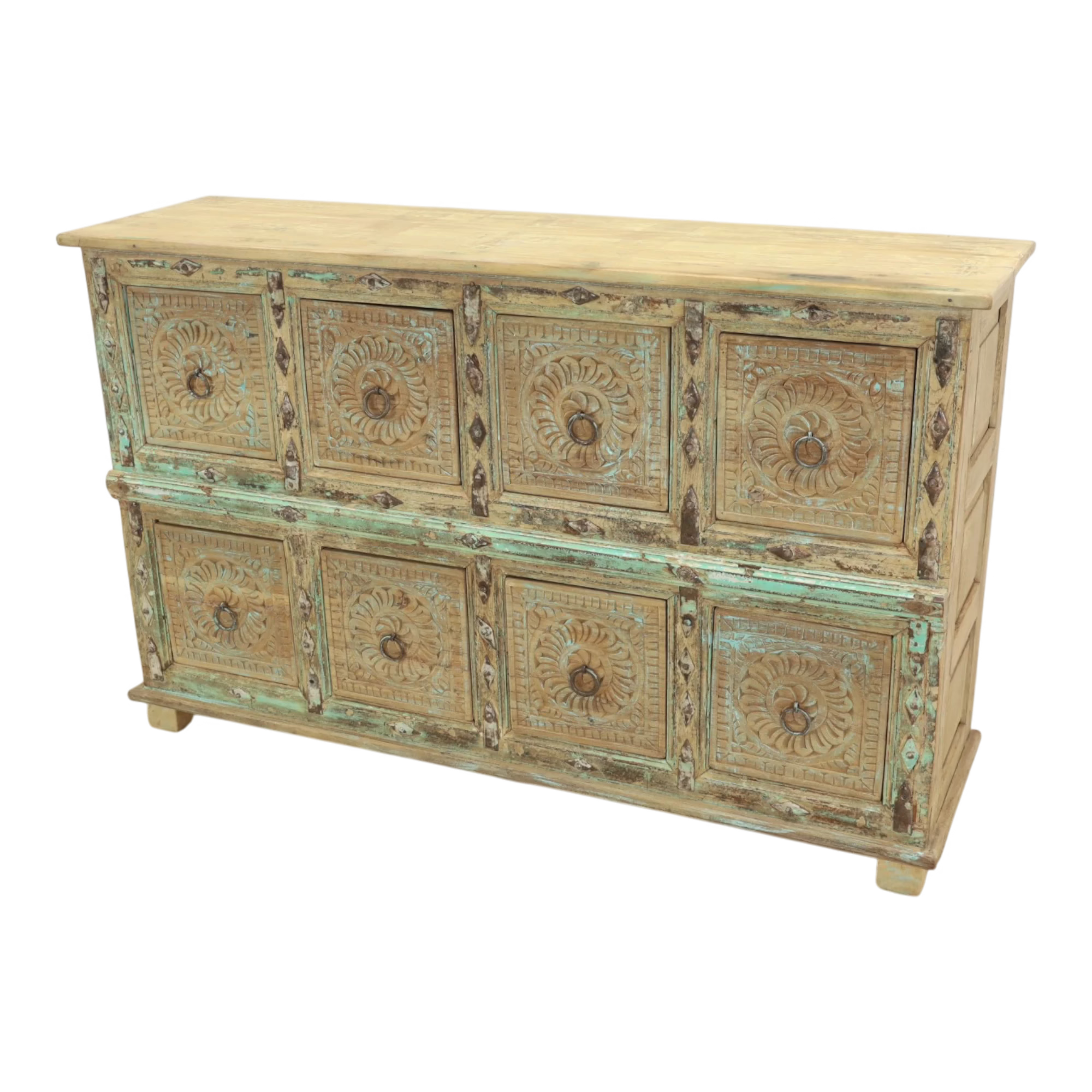 Artisan Hand Carved Reclaimed Wood 8-Drawer Sideboard, PX 28 4 Reclaimed sideboard with eight carved rosette drawers, metal rings and blue-green surface variation