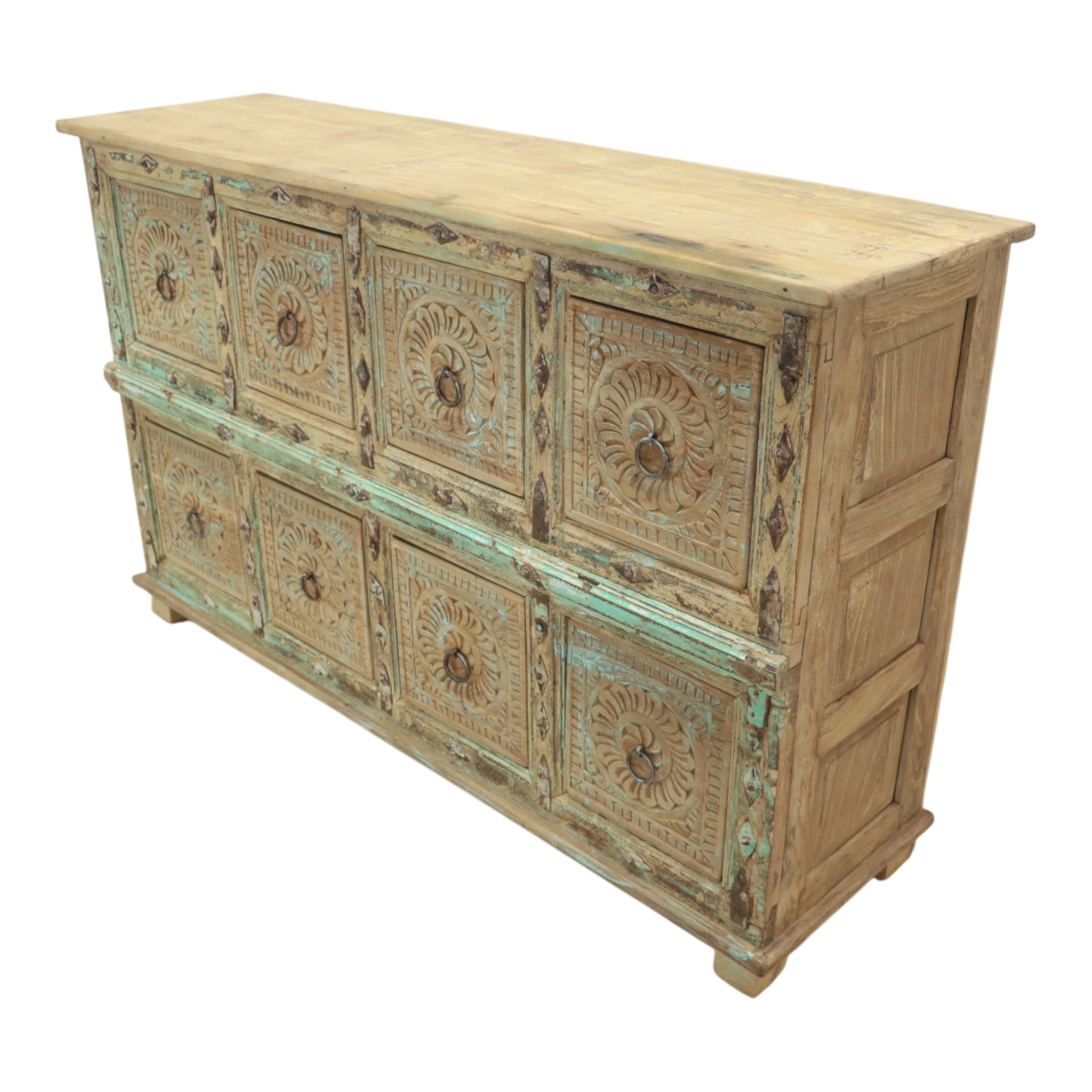 Artisan Hand Carved Reclaimed Wood 8-Drawer Sideboard, PX 28 5 High-angle view of carved teak and mango wood sideboard with eight individual drawers