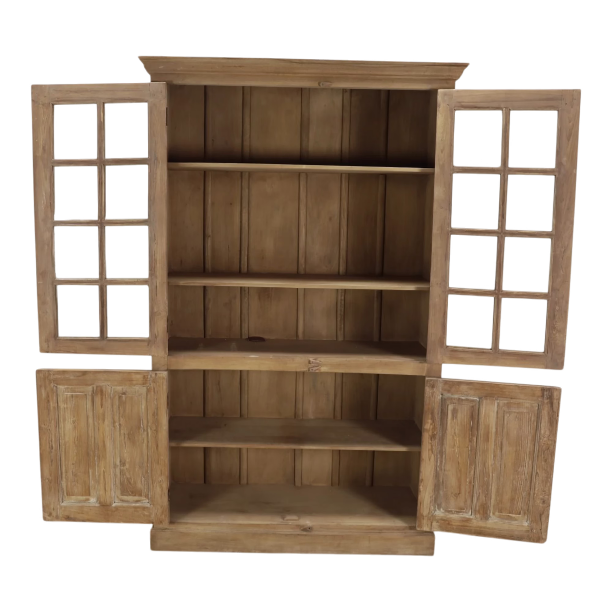 One-of-a-Kind Teak Glass Door Display Cabinet, PX 31 9 Teak glass door display cabinet with all four doors open showing interior shelves