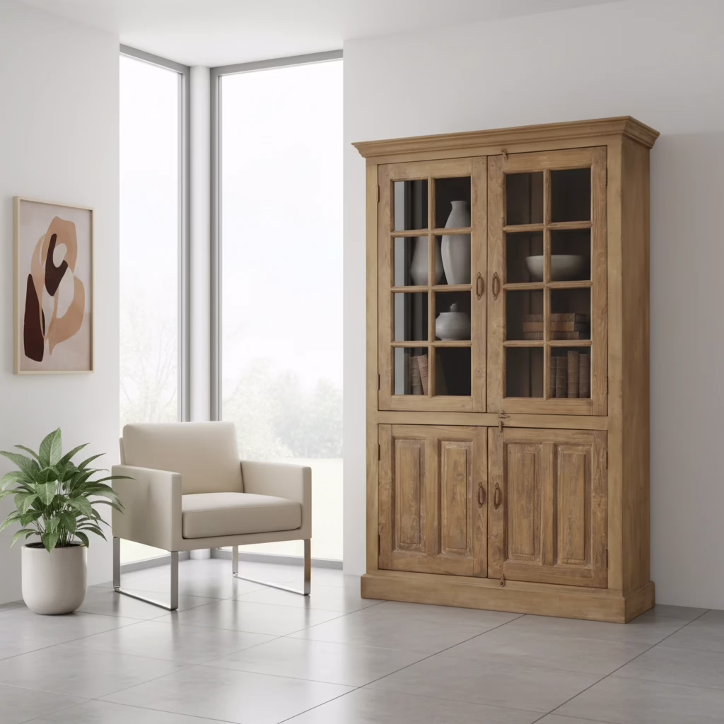 One-of-a-Kind Teak Glass Door Display Cabinet, PX 31 11 Tall teak glass door display cabinet styled in a bright contemporary living room