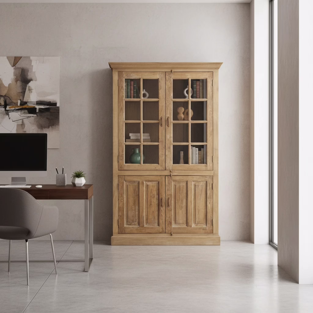 One-of-a-Kind Teak Glass Door Display Cabinet, PX 31 10 Teak glass door display cabinet with books and objects in a modern home office