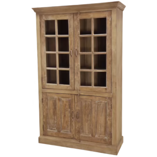 Teak glass door cabinet viewed from an angle showing front and side depth