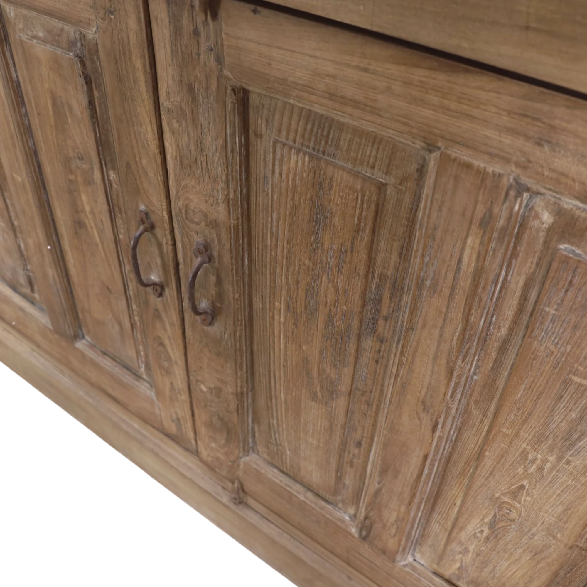 One-of-a-Kind Teak Glass Door Display Cabinet, PX 31 7 Close view of teak cabinet paneled lower doors and metal pull hardware