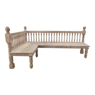 Turned spindle back structure on large teak corner bench
