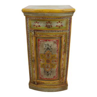 Hand-Painted Mango Wood Accent Cabinet with floral artwork, one drawer and curved lower cabinet door