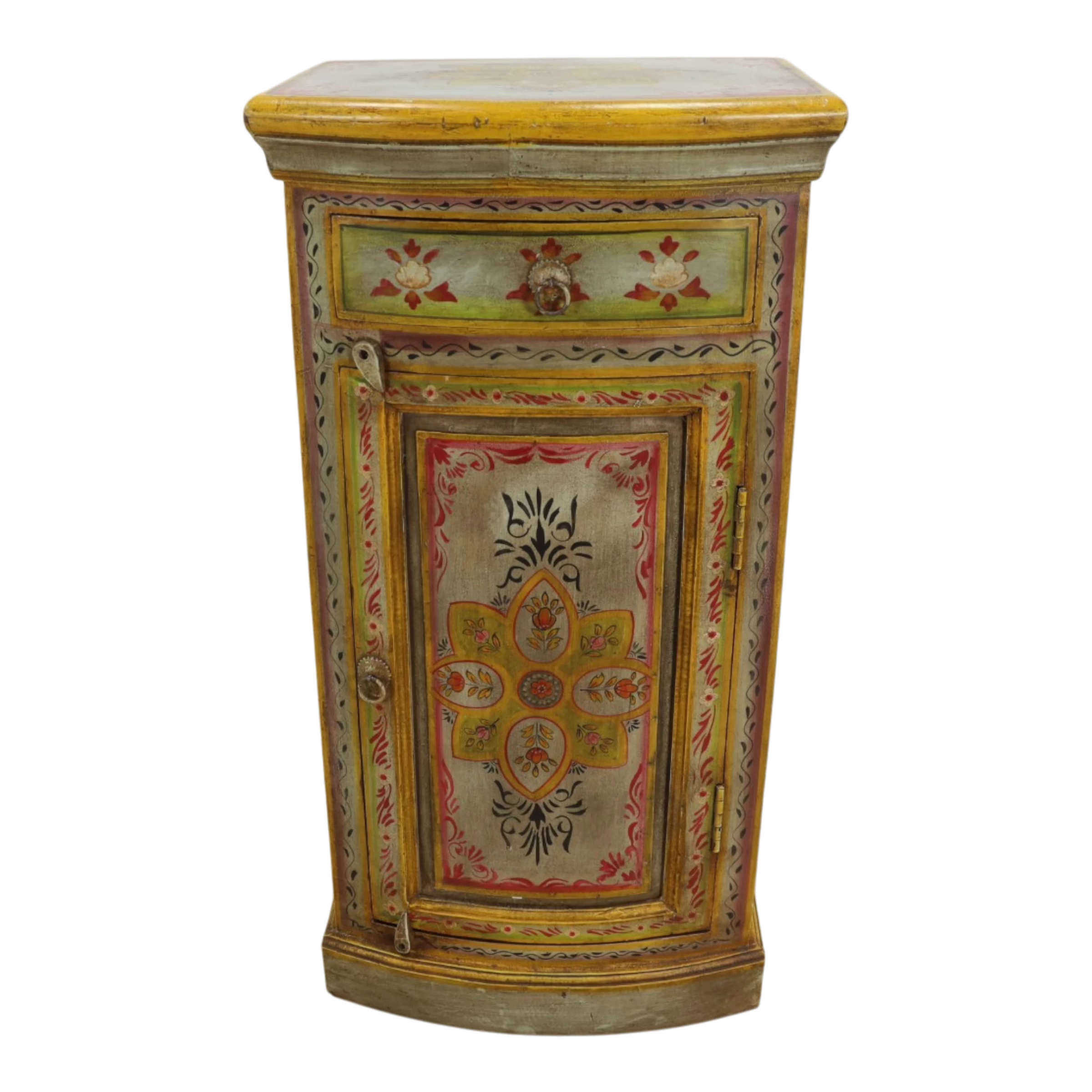 One-of-a-Kind Hand-Painted Mango Wood Accent Cabinet, PX 43 1 Hand-Painted Mango Wood Accent Cabinet with floral artwork, one drawer and curved lower cabinet door
