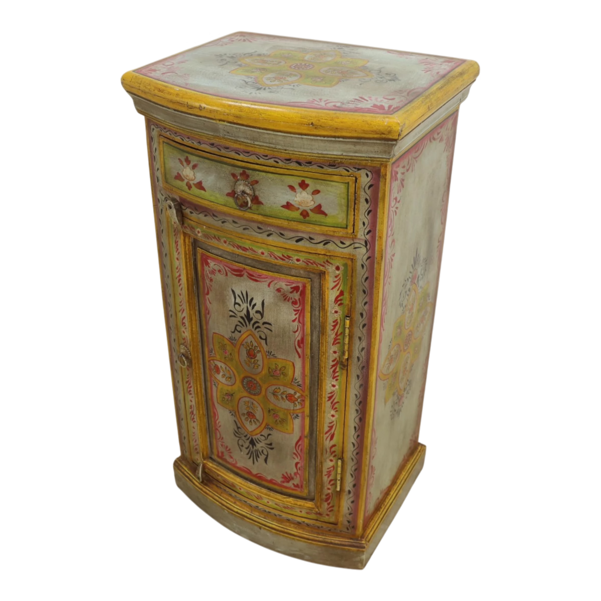 One-of-a-Kind Hand-Painted Mango Wood Accent Cabinet, PX 43 3 Detail of hand-painted mango wood accent cabinet with distressed yellow molding and floral surface