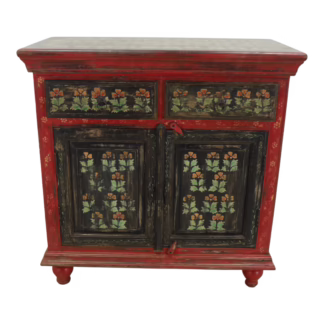 Hand painted mango wood cabinet with red frame, black floral doors, two drawers and two doors