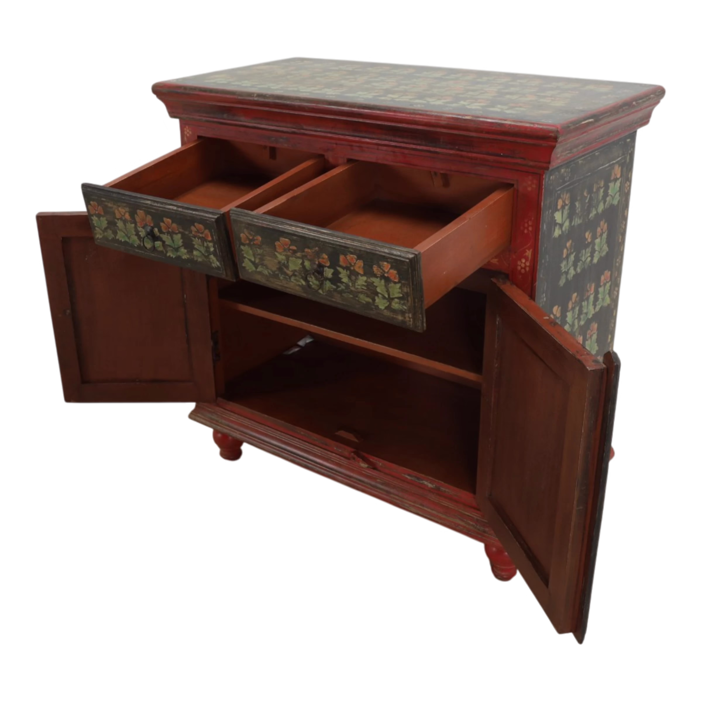 One-of-a-Kind Hand Painted Mango Wood Storage Cabinet, PX 45 7 Open mango wood cabinet showing two drawers, two doors and interior shelf from an angle