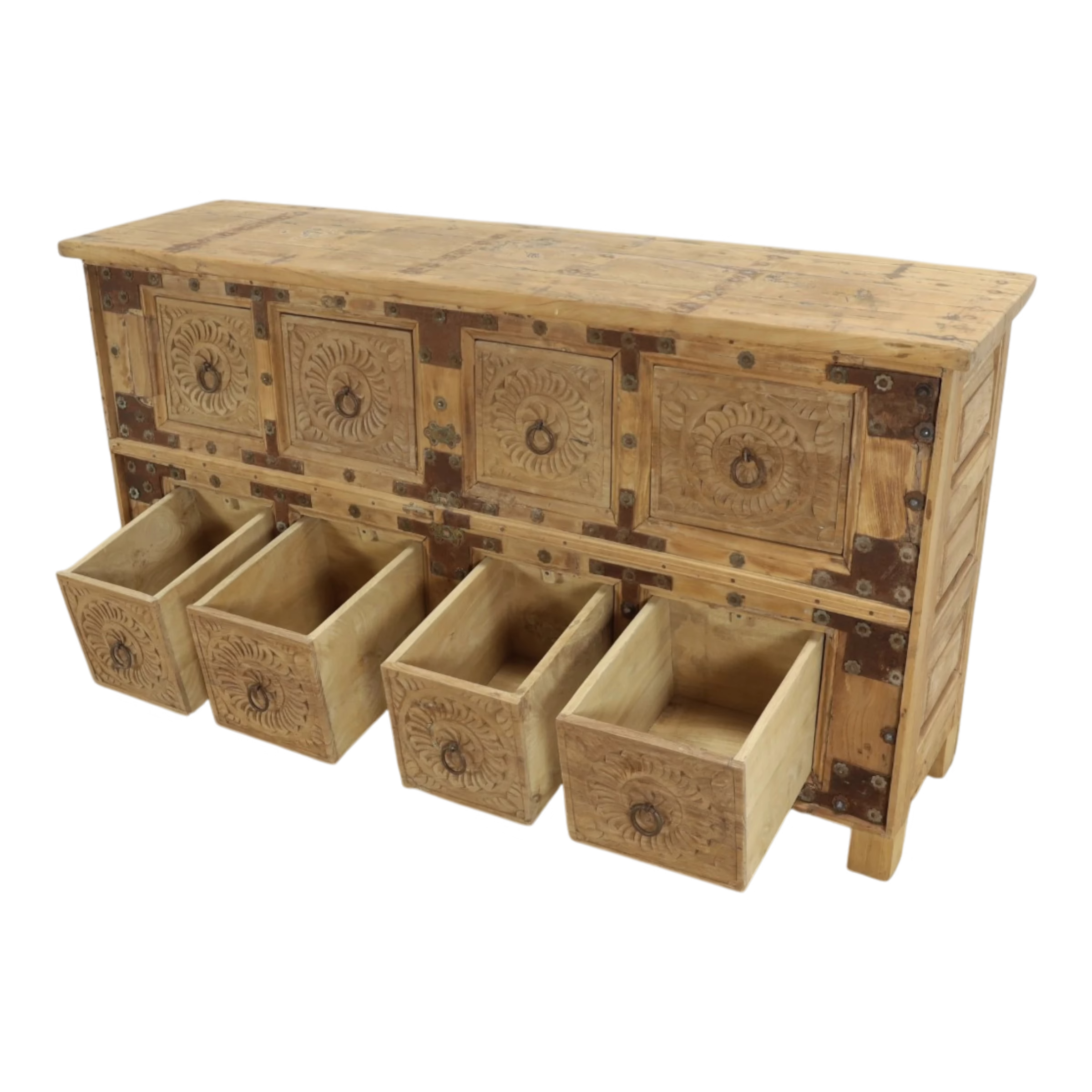 Hand Carved Teak & Mango 8-Drawer Sideboard, PX 53 8 Hand carved 8-drawer sideboard with four storage drawers extended to show interior capacity.