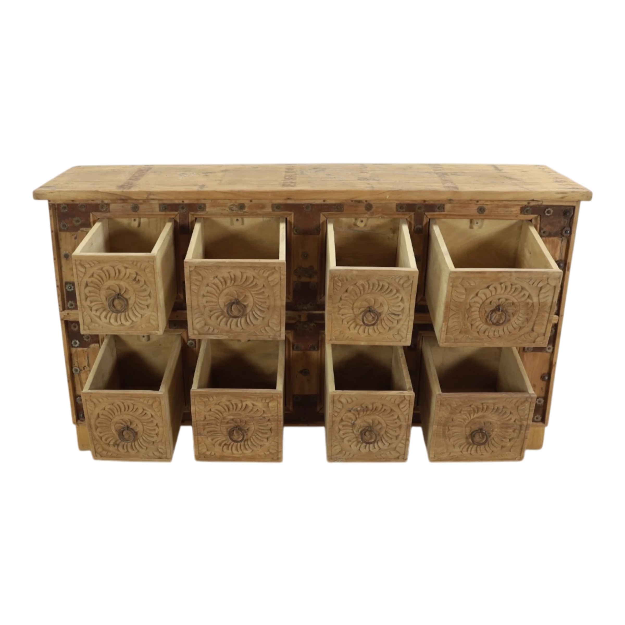 Hand Carved Teak & Mango 8-Drawer Sideboard, PX 53 9 Teak & Mango 8-Drawer Sideboard with all eight drawers open showing individual storage compartments.
