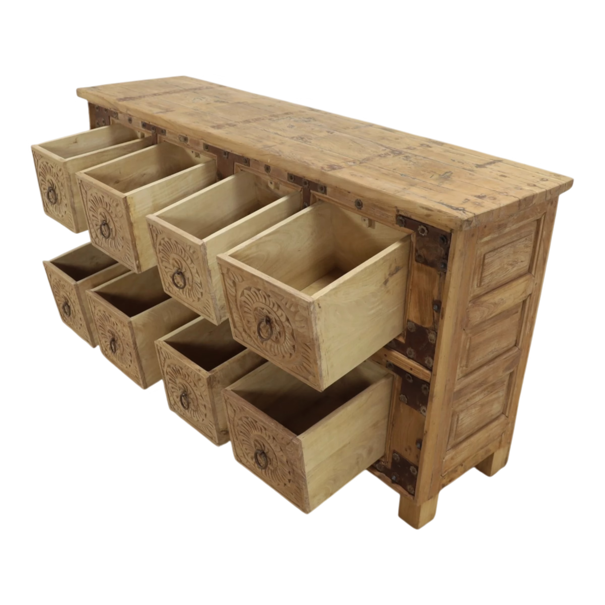 Hand Carved Teak & Mango 8-Drawer Sideboard, PX 53 10 Eight-drawer teak and mango sideboard with drawers open, hand-carved fronts and metal ring pulls.