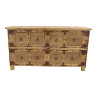 Teak & Mango 8-Drawer Sideboard with hand-carved floral drawer fronts, ring pulls and aged metal fittings.