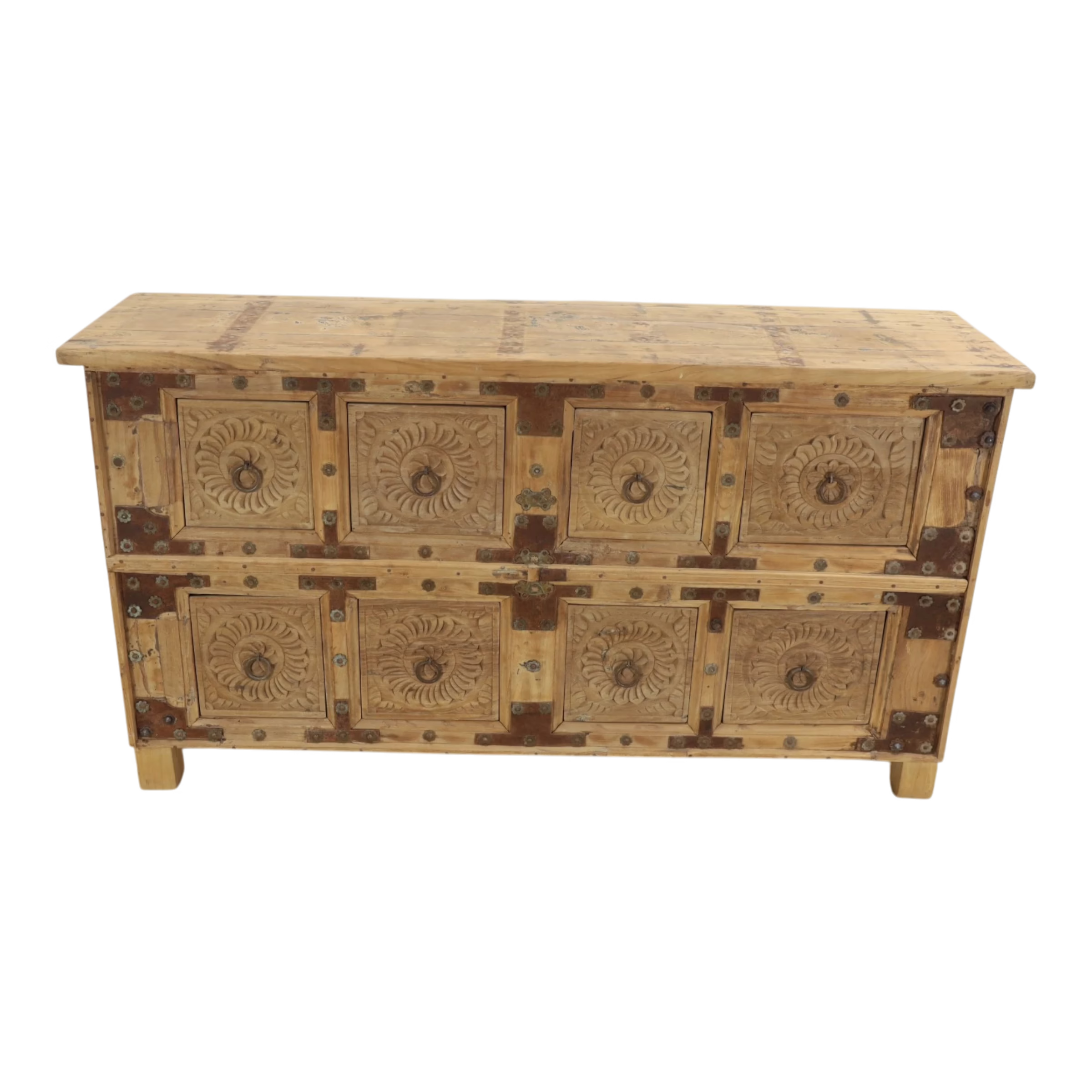 Hand Carved Teak & Mango 8-Drawer Sideboard, PX 53 2 Elevated view of a hand carved teak and mango wood sideboard with eight drawers and decorative metal hardware.