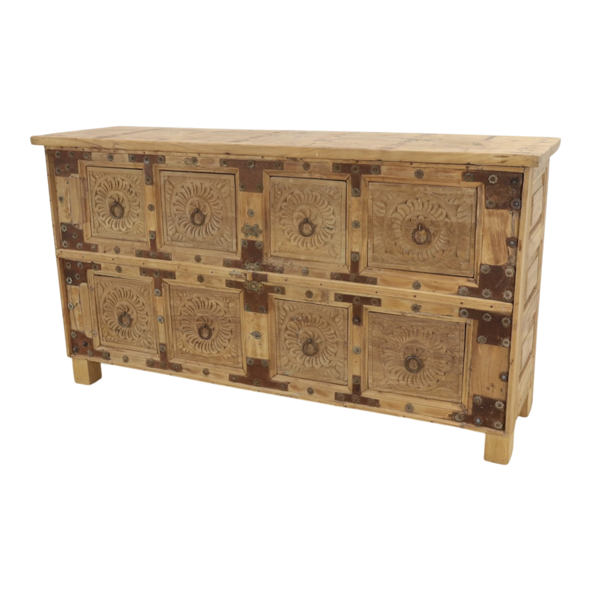 Hand Carved Teak & Mango 8-Drawer Sideboard, PX 53 3 Hand carved teak and mango 8-drawer sideboard with paneled side, ring pulls and metal corner plates.