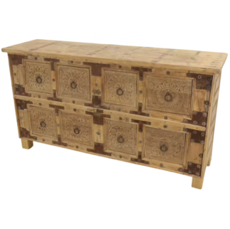 Teak & Mango 8-Drawer Sideboard showing natural wood top variation and hand-carved drawer fronts.