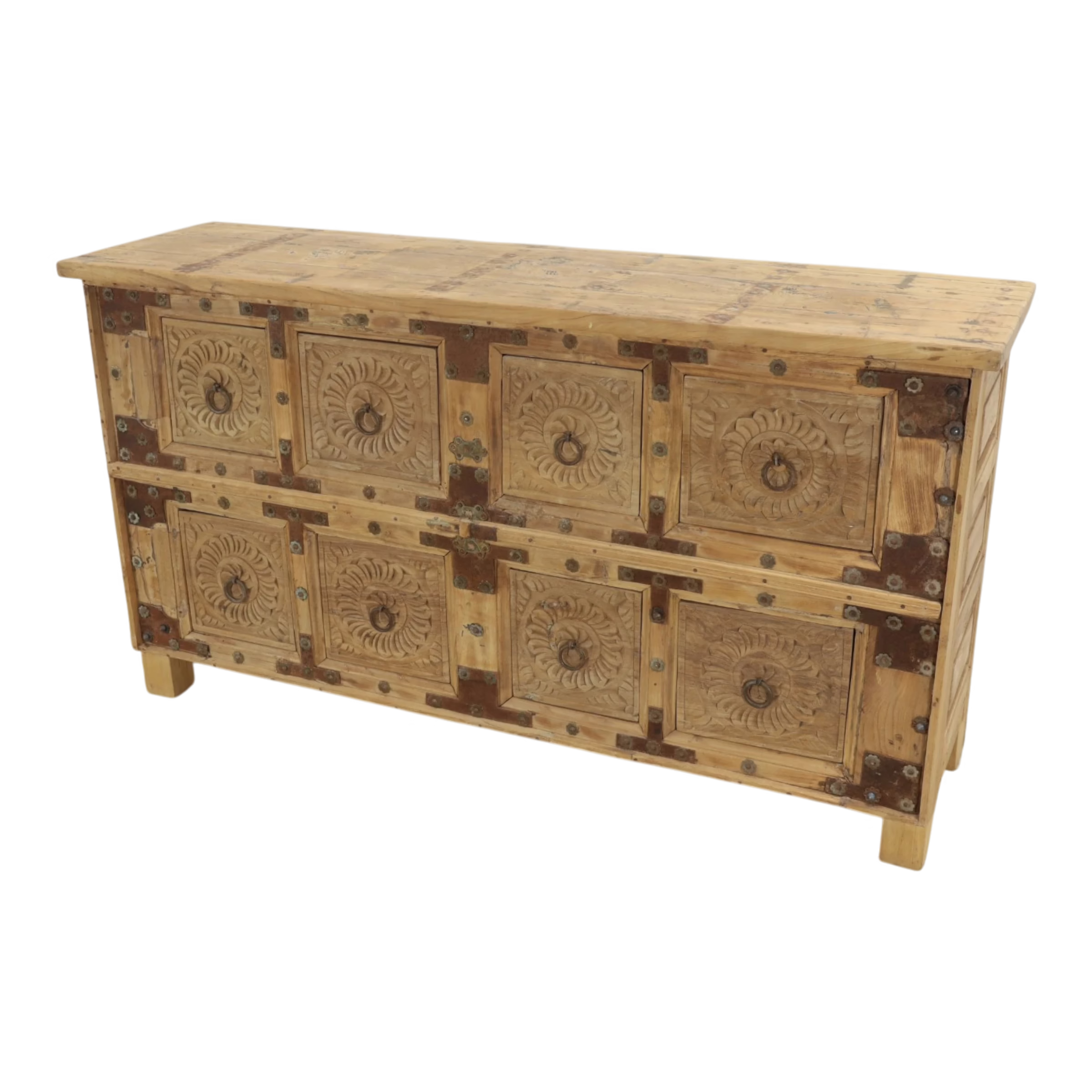 Hand Carved Teak & Mango 8-Drawer Sideboard, PX 53 4 Teak & Mango 8-Drawer Sideboard showing natural wood top variation and hand-carved drawer fronts.