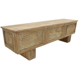 Carved teak and mango wood bench viewed from the right front