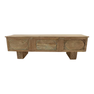 Front view of 63-inch one-of-a-kind carved teak and mango wood bench