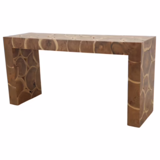 Three-quarter view of the Varsha console showing its open rectangular frame, wood-slice top, and broad patterned side supports.