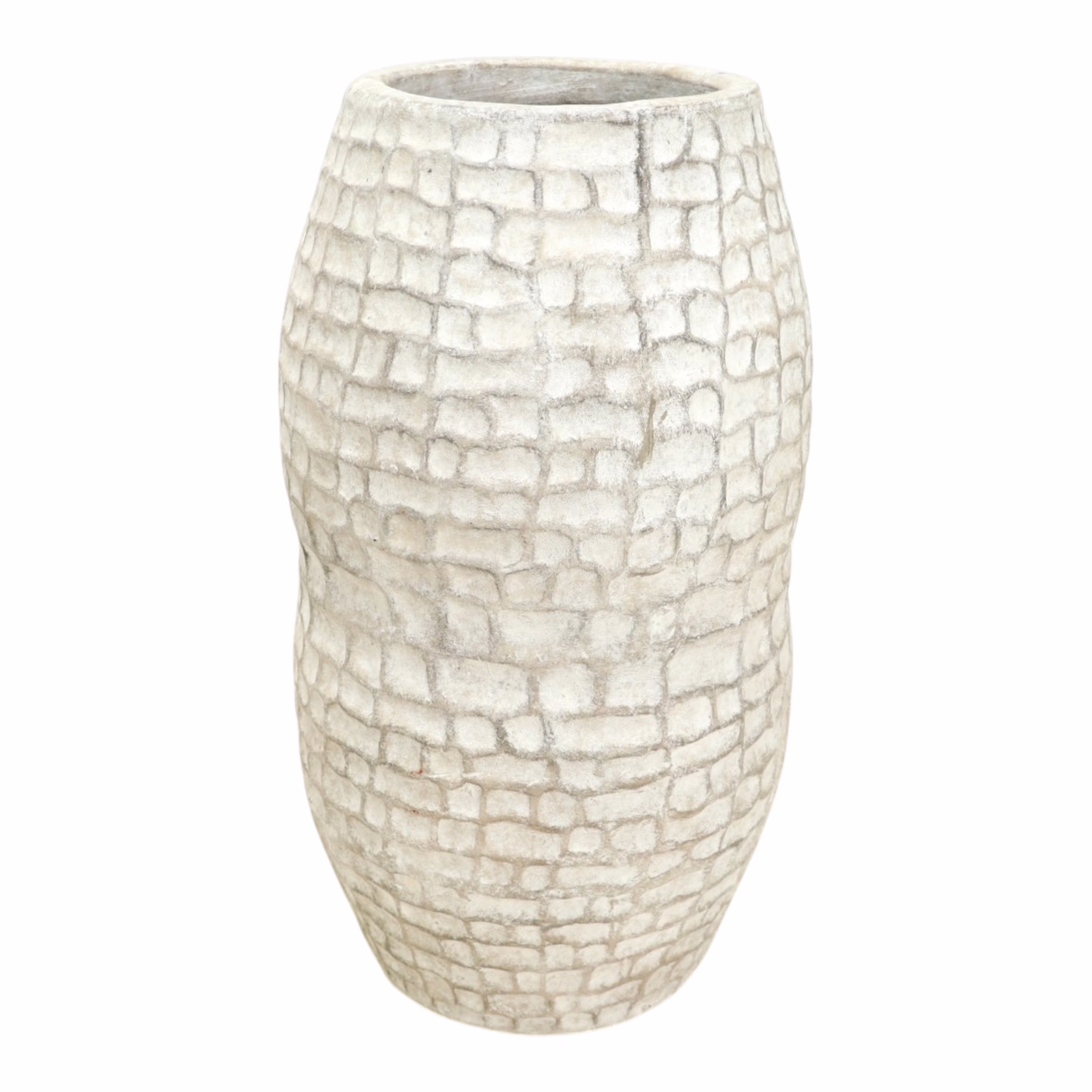 Handmade Terracotta 30" Floor Vase, MXG 482 1 Full-height view of an ivory terracotta floor vase with a rounded body, gently narrowed middle, tapered base and raised staggered pattern.