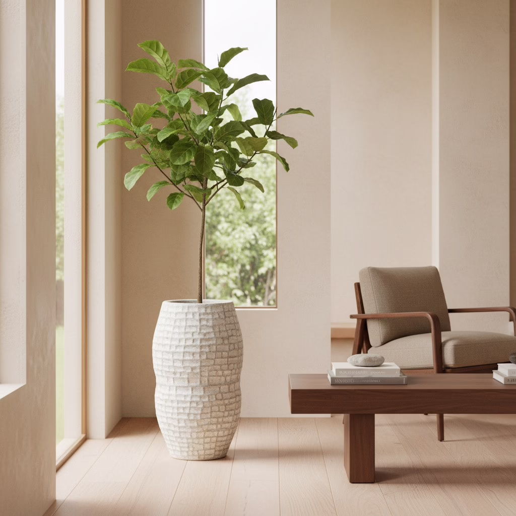 Handmade Terracotta 30" Floor Vase, MXG 482 6 Ivory textured terracotta floor vase with a tall leafy decorative arrangement beside a wooden coffee table and upholstered chair.
