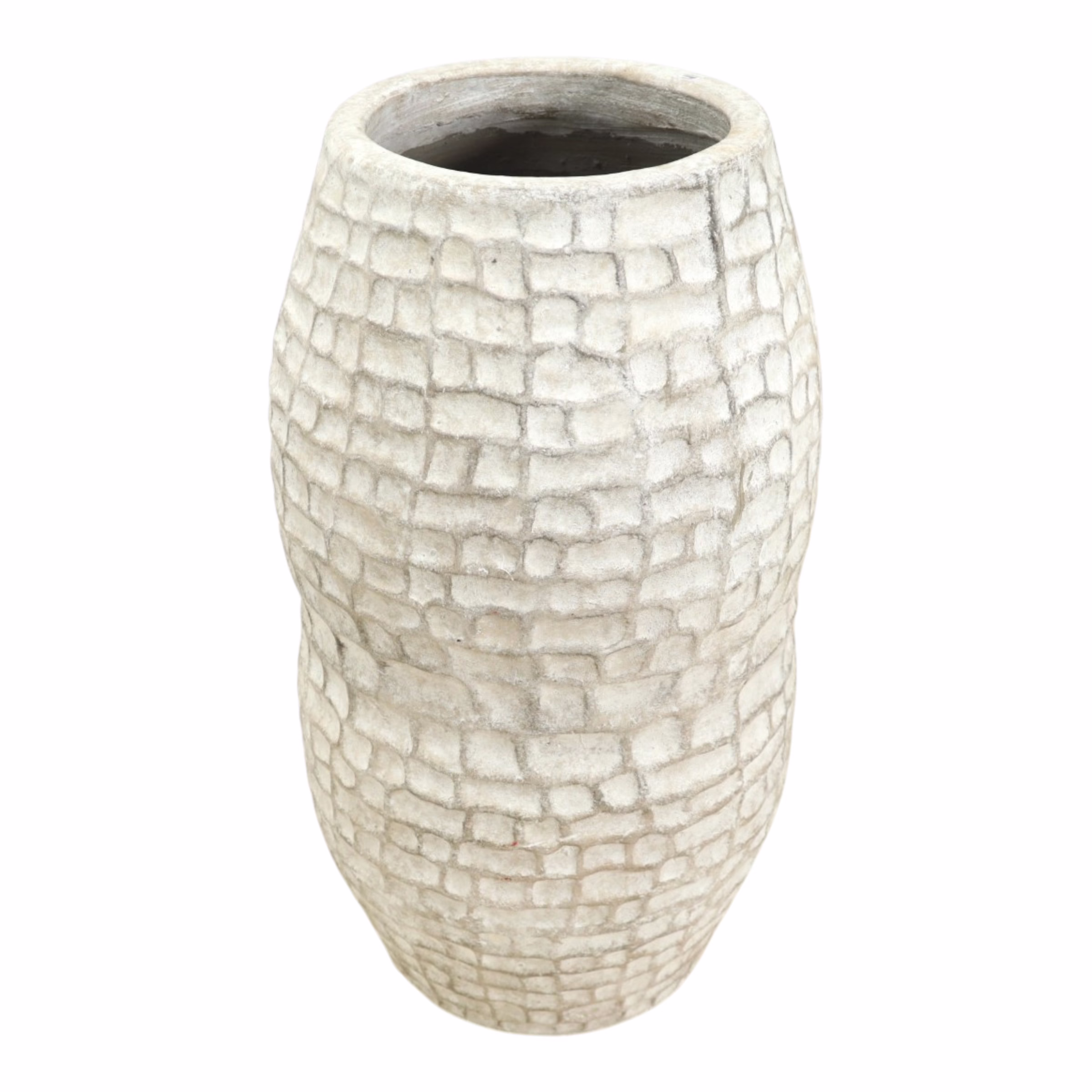 Handmade Terracotta 30" Floor Vase, MXG 482 3 Three-quarter elevated view of an ivory terracotta vase showing its circular opening, dark interior and staggered raised rectangular surface relief.